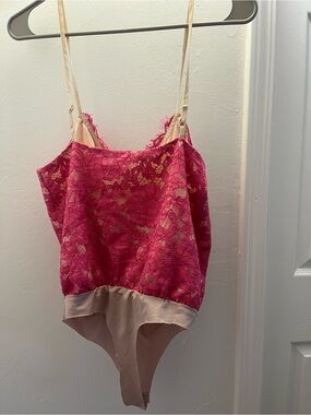Pink Lace Bodysuit with Cream Trim